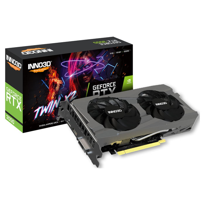 Inno3D GeForce RTX 3050 Twin X2 8GB GDDR6 128-bit Tarjeta Gráfica, 1552 MHz, PCIe 4.0, 2 Ventiladores, Iluminación Blanca, 7680 x 4320 Pixeles