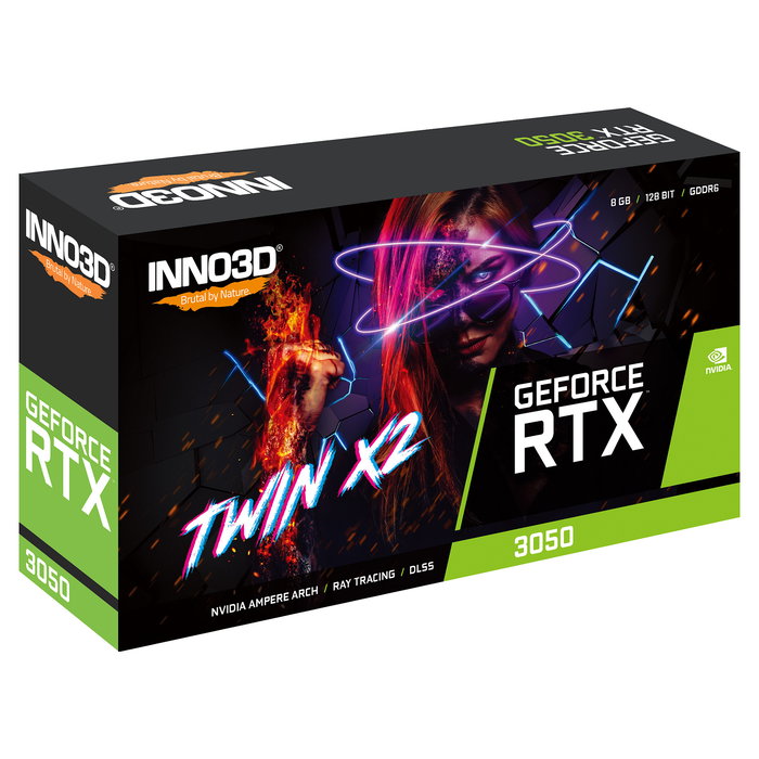 Inno3D GeForce RTX 3050 Twin X2 8GB GDDR6 128-bit Tarjeta Gráfica, 1552 MHz, PCIe 4.0, 2 Ventiladores, Iluminación Blanca, 7680 x 4320 Pixeles