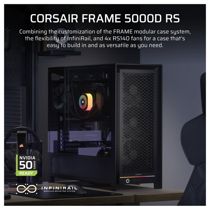 Corsair 5000D Airflow FRAME Torre Media para PC Gaming, Negro, ATX/EATX, Ventana de Cristal Templado, 4 Ventiladores, Gestion de Cables