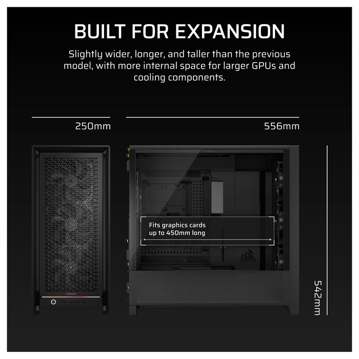 Corsair 5000D Airflow FRAME Torre Media para PC Gaming, Negro, ATX/EATX, Ventana de Cristal Templado, 4 Ventiladores, Gestion de Cables