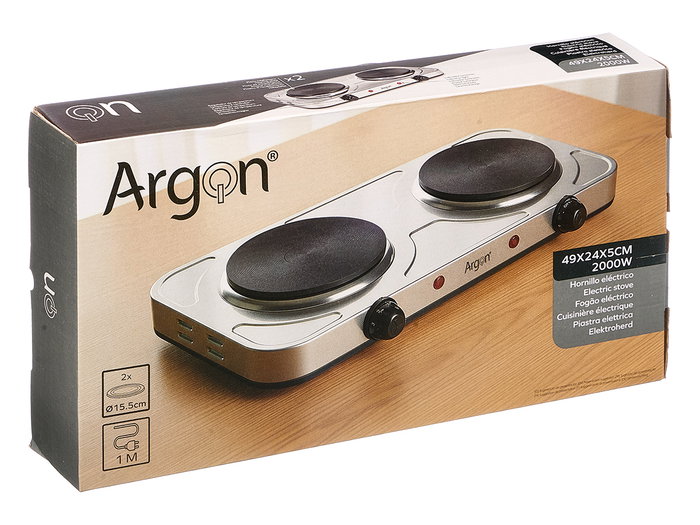 Argon Hornillo Eléctrico Doble Acero Inoxidable 2000W - 48 cm Ancho x 27 cm Largo x 7 cm Alto (Set de 4)