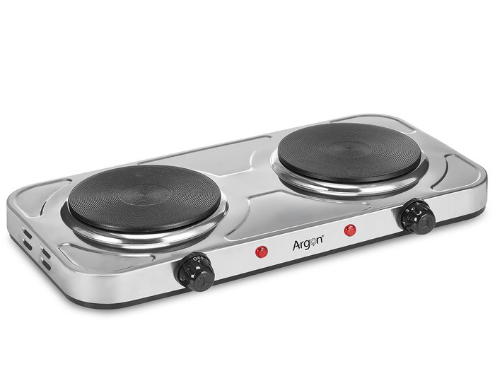 Argon Hornillo Eléctrico Doble Acero Inoxidable 2000W - 48 cm Ancho x 27 cm Largo x 7 cm Alto (Set de 4)