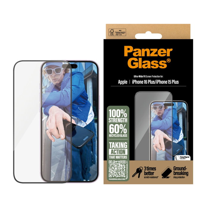 PanzerGlass Protector de Pantalla Ultra-Wide Fit para iPhone 16 Plus y iPhone 15 Plus