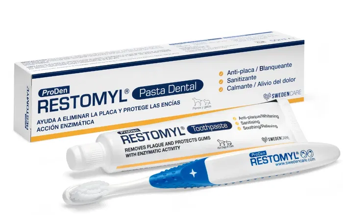 Swedencare Restomyl Kit Pasta Dental Enzimática Antiplaca Antibacteriana Blanqueante para Perros y Gatos 50 mL