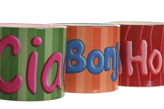 DKD Home Decor Set de 3 Maceteros de Cerámica Multicolor Hola Ciao Bonjour