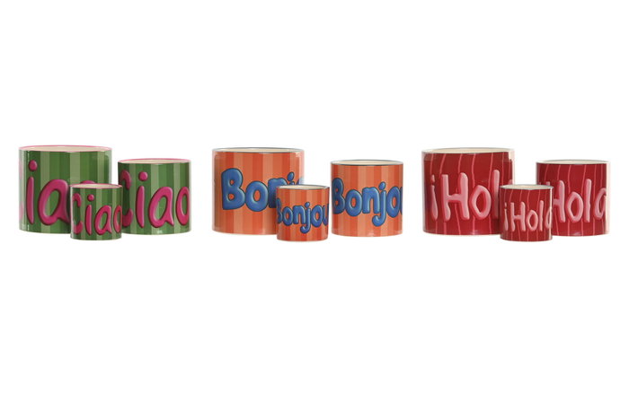 DKD Home Decor Set de 3 Maceteros de Cerámica Multicolor Hola Ciao Bonjour