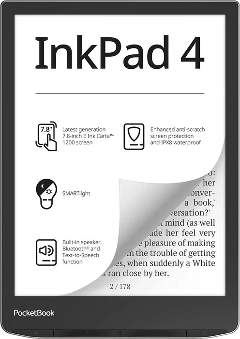 PocketBook InkPad 4 - Lector de eBooks 7.8 pulgadas (19.8 cm) Pantalla Táctil E Ink Carta, 32 GB, Wi-Fi, Bluetooth, USB-C, Color Plata Stardust