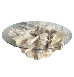 DKD Home Decor Mesa de Centro de Raíz de Teca y Cristal 100x100x45 cm