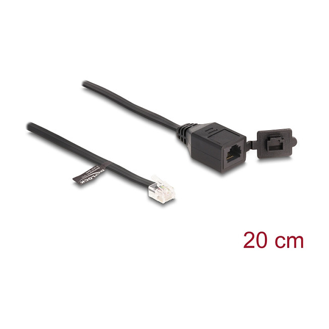 DeLOCK Cable Adaptador RJ12 Macho a Hembra con Tapa Protectora - 20 cm (0.2 m) Negro, Cable Plano 26 AWG PVC
