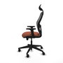 Silla de oficina Alocén con mecanismo Sincro/Traslack tapizada con Tela color Marrón y malla color Negro. Equipada con lumbar 1D, Brazos 2D, Cabecero Fijo y Ruedas 65mm nailon