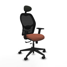 Silla de oficina Alocén con mecanismo Sincro/Traslack tapizada con Tela color Marrón y malla color Negro. Equipada con lumbar 1D, Brazos 2D, Cabecero Fijo y Ruedas 65mm nailon