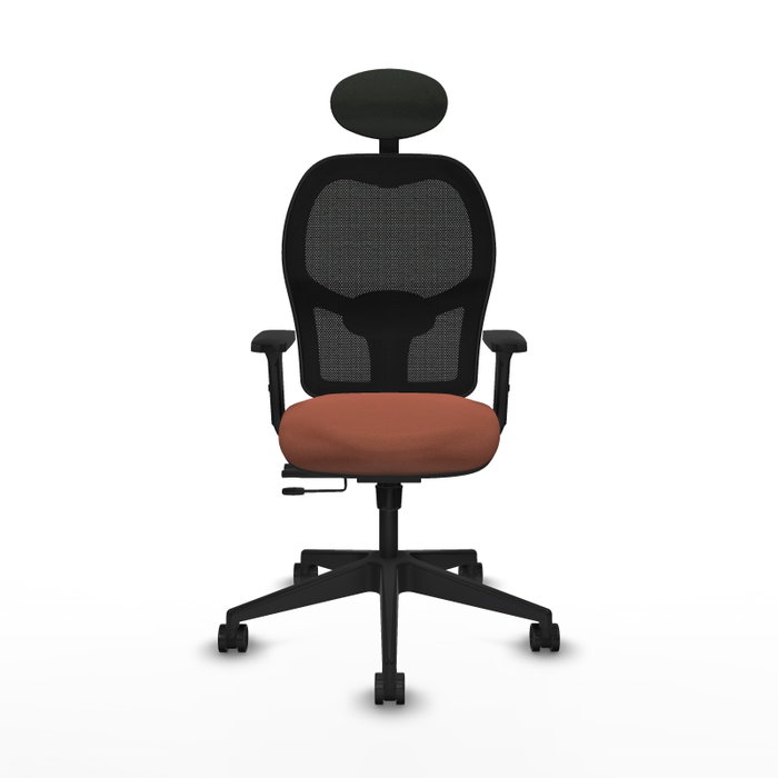 Silla de oficina Alocén con mecanismo Sincro/Traslack tapizada con Tela color Marrón y malla color Negro. Equipada con lumbar 1D, Brazos 2D, Cabecero Fijo y Ruedas 65mm nailon