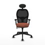 Silla de oficina Alocén con mecanismo Sincro/Traslack tapizada con Tela color Marrón y malla color Negro. Equipada con lumbar 1D, Brazos 2D, Cabecero Fijo y Ruedas 65mm nailon