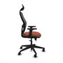 Silla de oficina Alocén con mecanismo Sincro/Traslack tapizada con Tela color Marrón y malla color Negro. Equipada con lumbar 1D, Brazos 2D, Cabecero Fijo y Ruedas 65mm nailon