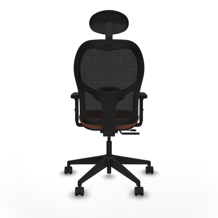 Silla de oficina Alocén con mecanismo Sincro/Traslack tapizada con Tela color Marrón y malla color Negro. Equipada con lumbar 1D, Brazos 2D, Cabecero Fijo y Ruedas 65mm nailon