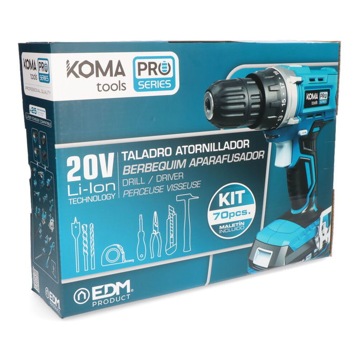 Koma Tools Taladro Atornillador 20V Kit Pro Series 20V-TA70-K con 70 Accesorios, Batería 2.0Ah, Cargador y Maletín, Par 35Nm, 2 Velocidades, Luz