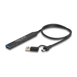 DeLOCK 64272 Hub USB 4 Puertos Slim - 3x USB-C + 1x USB-A 5 Gbps USB 3.2 Gen 1, Negro, Metal, Cable 0.5 m