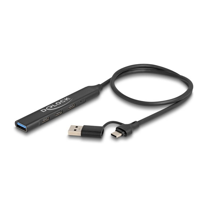 DeLOCK 64272 Hub USB 4 Puertos Slim - 3x USB-C + 1x USB-A 5 Gbps USB 3.2 Gen 1, Negro, Metal, Cable 0.5 m DeLOCK 64272 Hub USB 4 Puertos Slim - 3x USB-C + 1x USB-A 5 Gbps USB 3.2 Gen 1, Negro, Metal, Cable 0.5 m