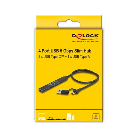 DeLOCK 64272 Hub USB 4 Puertos Slim - 3x USB-C + 1x USB-A 5 Gbps USB 3.2 Gen 1, Negro, Metal, Cable 0.5 m DeLOCK 64272 Hub USB 4 Puertos Slim - 3x USB-C + 1x USB-A 5 Gbps USB 3.2 Gen 1, Negro, Metal, Cable 0.5 m