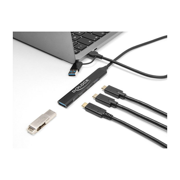 DeLOCK 64272 Hub USB 4 Puertos Slim - 3x USB-C + 1x USB-A 5 Gbps USB 3.2 Gen 1, Negro, Metal, Cable 0.5 m DeLOCK 64272 Hub USB 4 Puertos Slim - 3x USB-C + 1x USB-A 5 Gbps USB 3.2 Gen 1, Negro, Metal, Cable 0.5 m