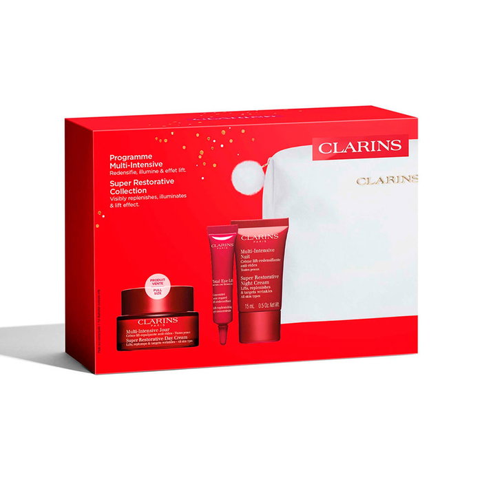 Multi-Intensive Set Clarins: Super Restorative, Reparative, Day, Cream, For Face, 50 ml + Super Restorative, Reparative, Night, Cream, For Face, 15 ml + Total Eye, Lift, Eye Serum, 7 ml + Double Serum, Bi-Phase, Daily, Serum, For Face, 0.9 ml *Sample + Cl