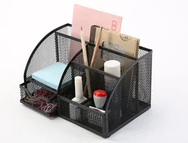 Q-connect kf17295 Organizador de Sobremesa Metálico Curvo Rejilla Negra con 5 Departamentos 220x140x130 mm