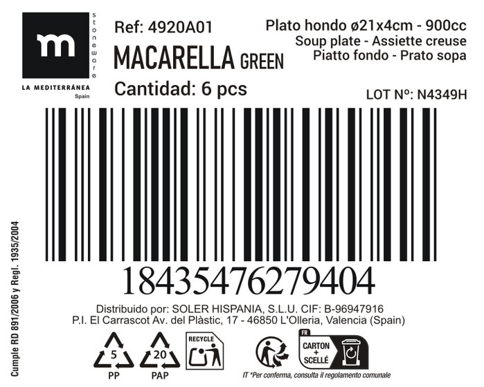 La Mediterranea Plato Hondo Macarella Green ø21x4cm (Pack de 18) de la colección Macarella