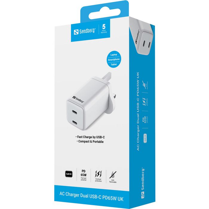 Sandberg AC Charger Dual USB-C PD65W UK - Cargador rápido 2 puertos USB-C 65W
