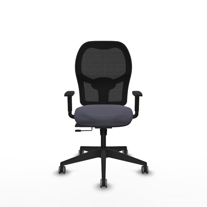 Silla de oficina Alocén con mecanismo Sincro/Traslack tapizada con Tela color Gris oscuro y malla color Negro. Equipada con lumbar 1D, Brazos 1D y Ruedas 65 mm parqué
