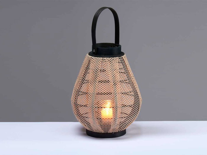 Giftdecor Farol Portavela Asa Punta Beige y Negro 25x30x25cm con Tela, Madera y Vidrio (Set de 2)