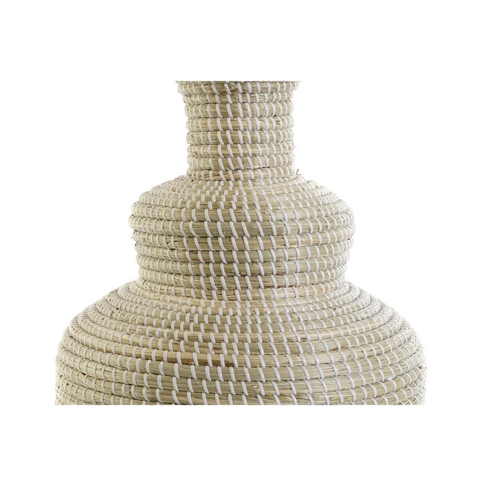 DKD Home Decor Lámpara de Sobremesa Seagrass y Lino Bordado Blanco y Marrón Claro