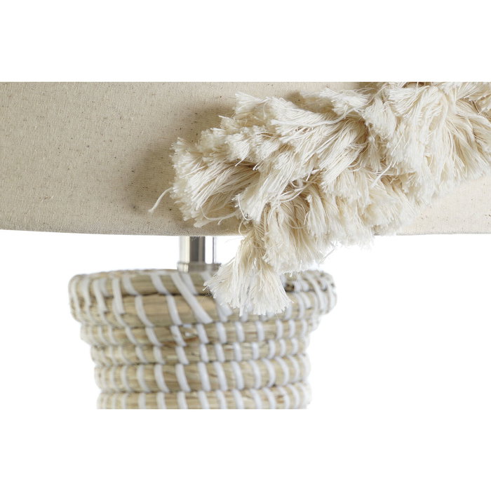 DKD Home Decor Lámpara de Sobremesa Seagrass y Lino Bordado Blanco y Marrón Claro