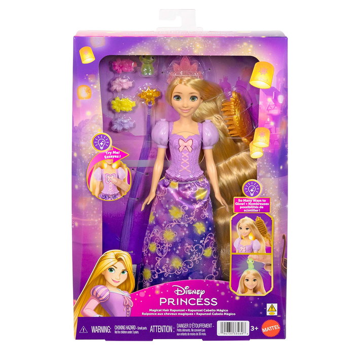 Mattel Disney Princess Muñeca Rapunzel con Melena Mágica JHL46, Cabello Luminoso y Accesorios de Peinado