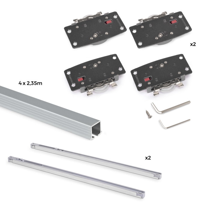 Emuca Kit de herrajes para armario 2 puertas correderas y cierre suave Flow2 con carriles encastrados 2.35m, tableros no incluidos, Anodizado mate