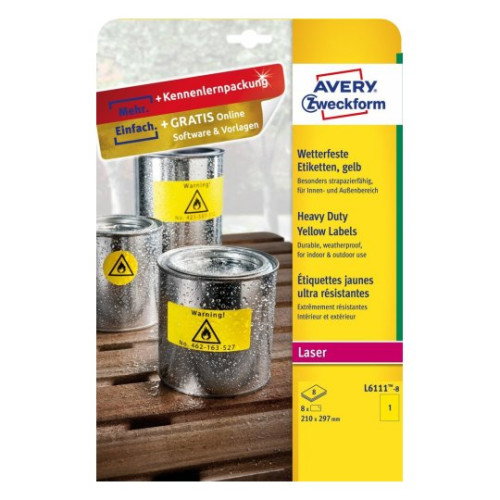 Avery L6111-8 Paquete 8 Hojas Etiquetas Amarillas de Poliéster para Impresoras Láser Formato A4