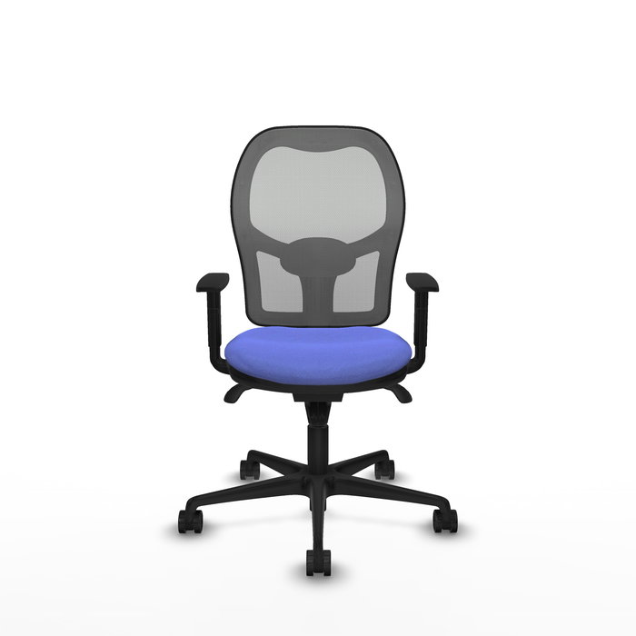 Silla de oficina Jorquera con mecanismo Sincro tapizada con Tela color Azul claro y malla color Gris. Equipada con lumbar 1D, Brazos 1D y Ruedas 65mm nailon