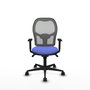 Silla de oficina Jorquera con mecanismo Sincro tapizada con Tela color Azul claro y malla color Gris. Equipada con lumbar 1D, Brazos 1D y Ruedas 65mm nailon