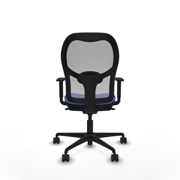 Silla de oficina Jorquera con mecanismo Sincro tapizada con Tela color Azul claro y malla color Gris. Equipada con lumbar 1D, Brazos 1D y Ruedas 65mm nailon