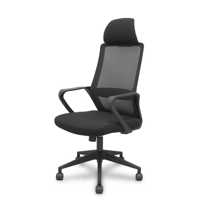 Silla de oficina Pro534 con mecanismo Basculante tapizada con Tela color Negro. Equipada con lumbar 1D, Brazos fijos, Cabecero 1D y Ruedas de nailon 50 mm