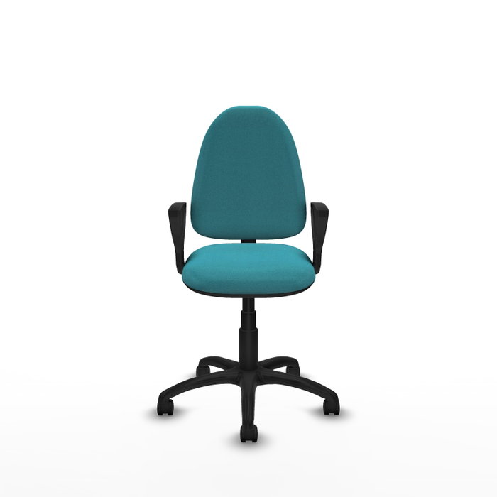 Silla de oficina Aýna con mecanismo Contacto permanente básico tapizada con Tela color Turquesa. Equipada con Base poliamida negra, Brazos fijos y Ruedas de nailon 50 mm