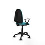Silla de oficina Aýna con mecanismo Contacto permanente básico tapizada con Tela color Turquesa. Equipada con Base poliamida negra, Brazos fijos y Ruedas de nailon 50 mm
