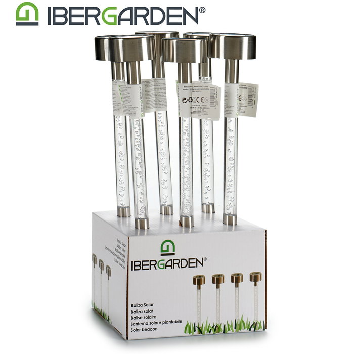 Ibergarden Baliza Solar Plástico y Acero Inoxidable Transparente/Plata 5.5x34.7x5.5cm con Panel Solar y 1 LED Blanco (Set de 24)