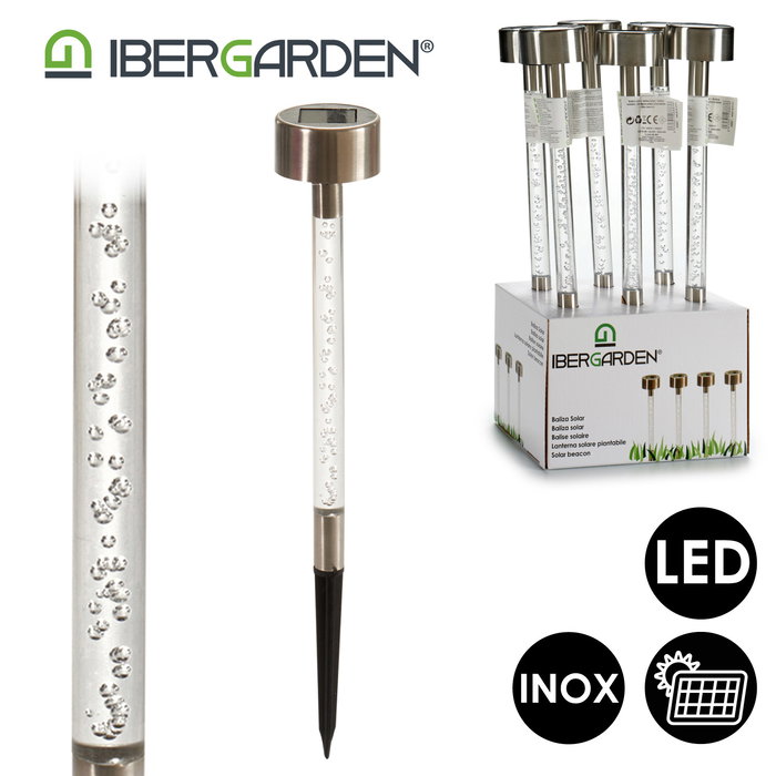 Ibergarden Baliza Solar Plástico y Acero Inoxidable Transparente/Plata 5.5x34.7x5.5cm con Panel Solar y 1 LED Blanco (Set de 24)