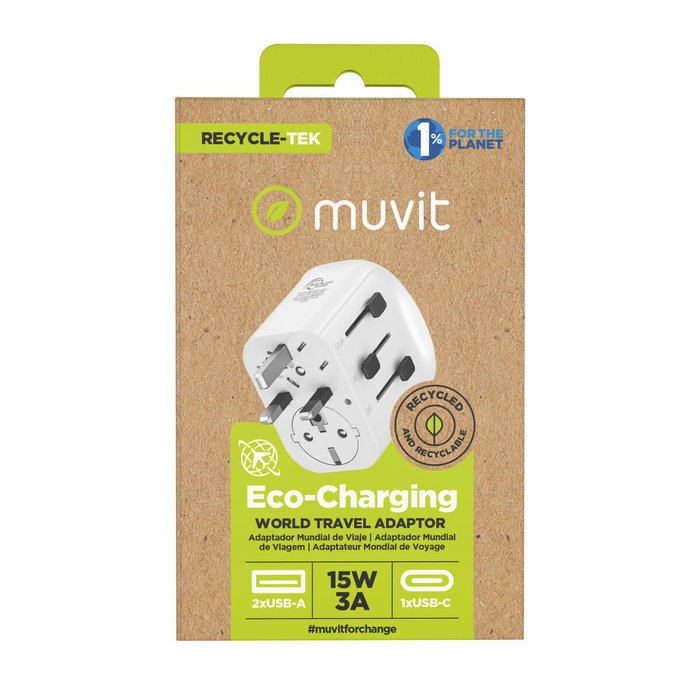 Muvit For Change Cargador de Pared Universal MCADP0006 con 1x USB-C y 2x USB-A, 15W Muvit For Change Cargador de Pared Universal MCADP0006 con 1x USB-C y 2x USB-A, 15W