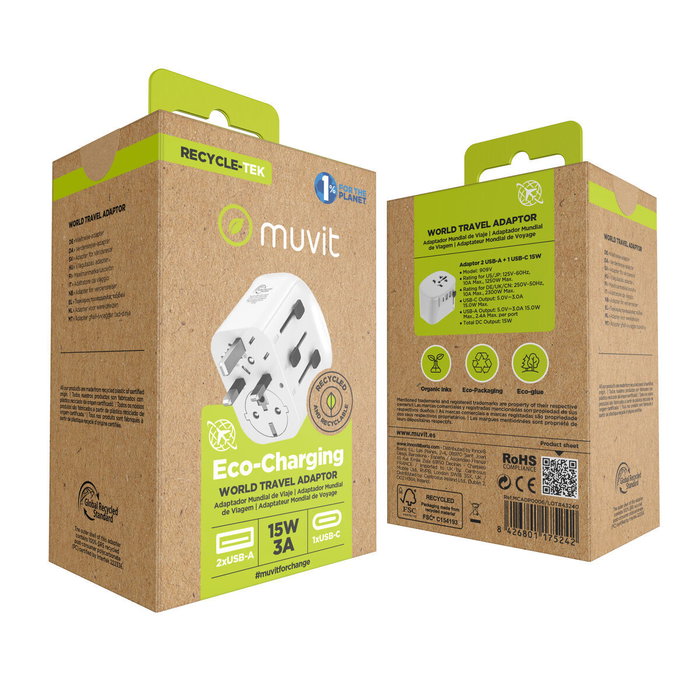 Muvit For Change Cargador de Pared Universal MCADP0006 con 1x USB-C y 2x USB-A, 15W Muvit For Change Cargador de Pared Universal MCADP0006 con 1x USB-C y 2x USB-A, 15W