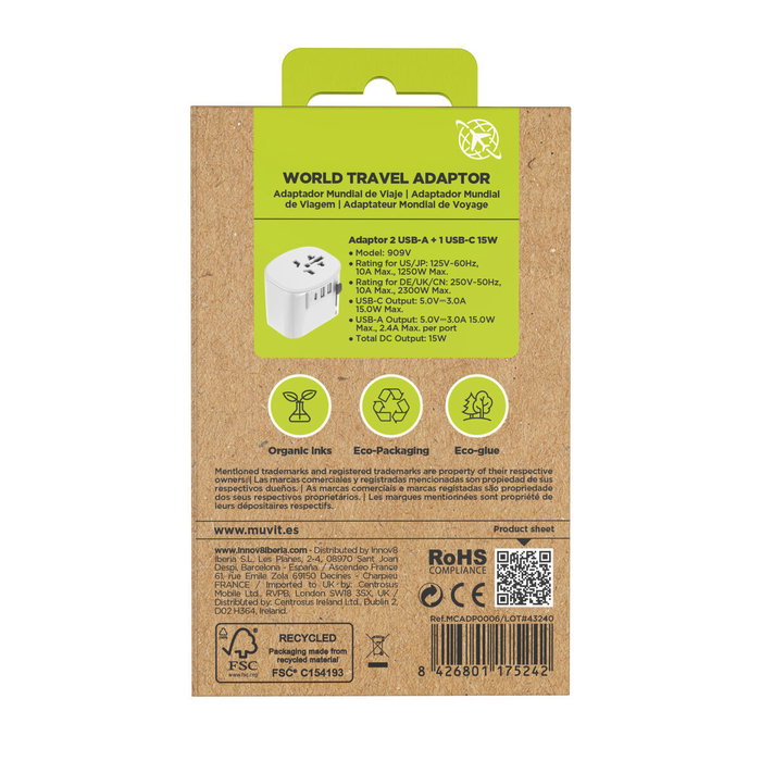 Muvit For Change Cargador de Pared Universal MCADP0006 con 1x USB-C y 2x USB-A, 15W Muvit For Change Cargador de Pared Universal MCADP0006 con 1x USB-C y 2x USB-A, 15W