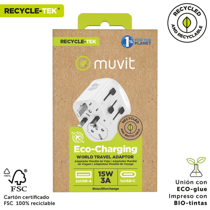 Muvit For Change Cargador de Pared Universal MCADP0006 con 1x USB-C y 2x USB-A, 15W Muvit For Change Cargador de Pared Universal MCADP0006 con 1x USB-C y 2x USB-A, 15W