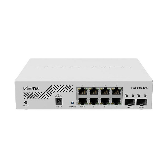MikroTik CSS610-8G-2S+IN - Switch de Rack Gigabit Ethernet con 8 Puertos PoE y 2 Puertos SFP+ 10G