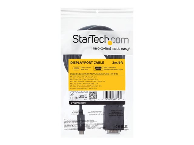 StarTech.com Cable Adaptador CDP2VGAMM2MB USB-C a VGA 2m - Full HD 1920x1200 WUXGA - Activo - Compatible Thunderbolt 3 y DP Alt Mode