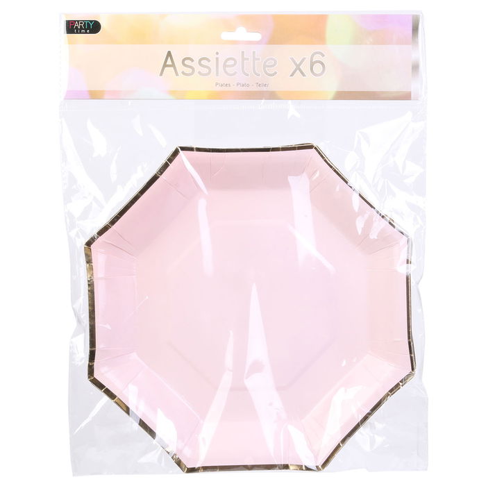 Party Time Juego De 6 Platos Desechable Party Time 25 cm Hexagonal Colores Surtidos Con Ribete Dorado